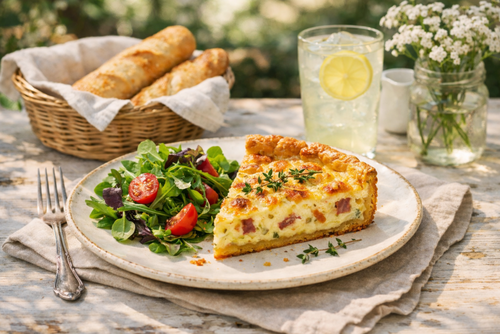 Rustic outdoor meal with quiche and salad