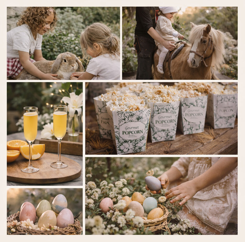 Pictures of an Easter celebration at Grange Garden with popcorn boxes, pony rides, egg hunts, and mimosas