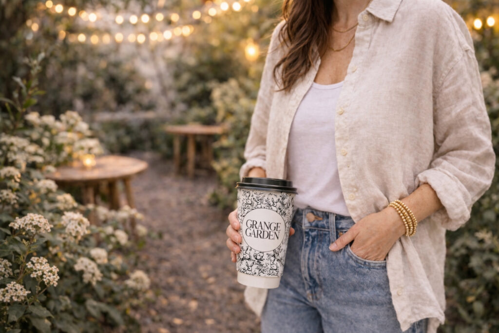 woman holding a grange garden to-go cup in a beautiful garden with twinke lights