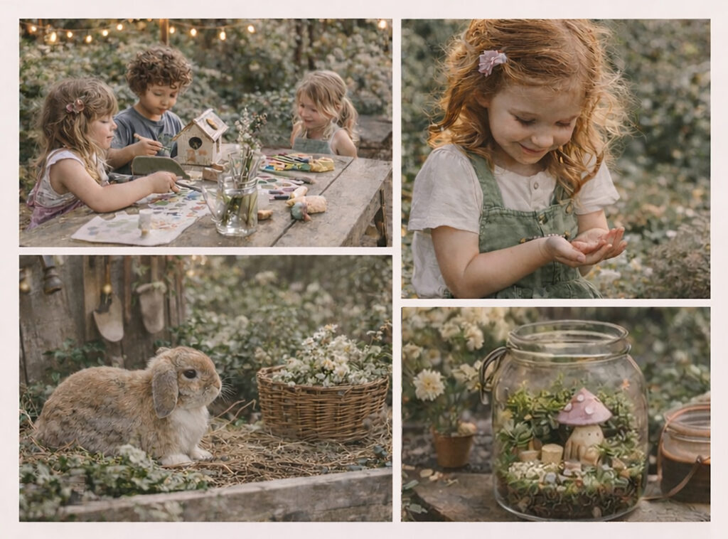 a bunny and children making arts and crafts in nature