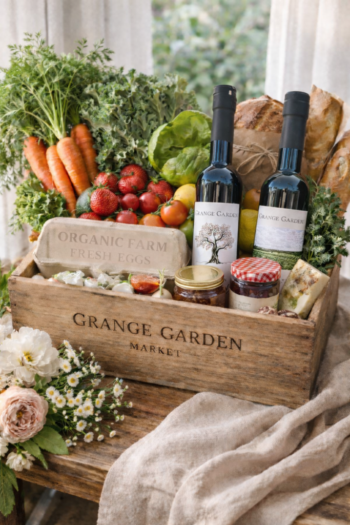Rustic market bounty on wooden table at Grange Garden Market