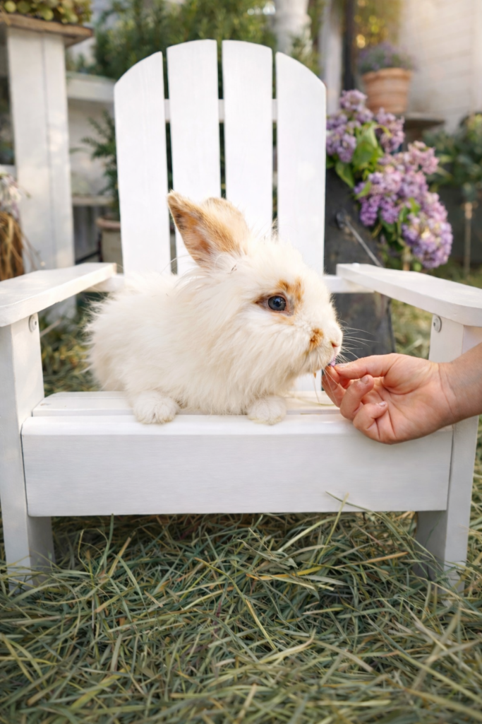Fluffy rabbit enjoys hay at Grange Garden