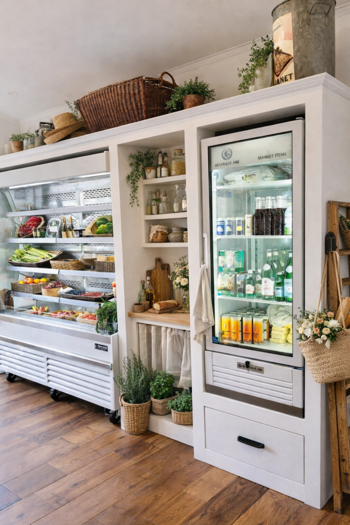 Fresh produce and chilled beverages display at Grange Garden Market