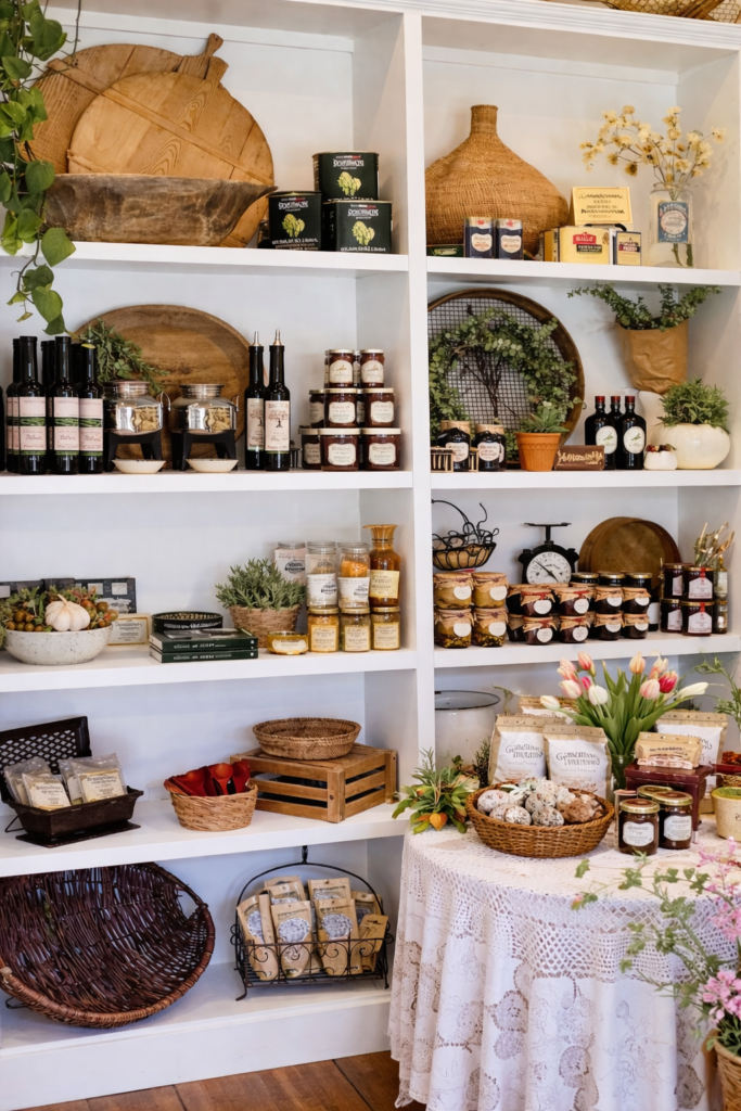 Spring boutique display at Grange Garden Market with artisanal goods