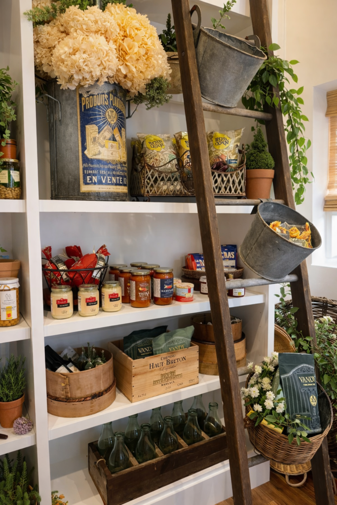 Rustic market shelf at Grange Garden Market displayed with greenery