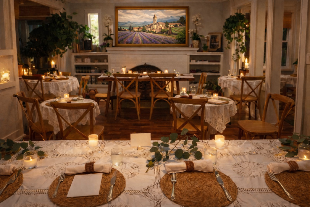 Grange Garden historic cottage cafe interior set for farm to coast dinner series with candlelit tables and movie on the samsung frame tv