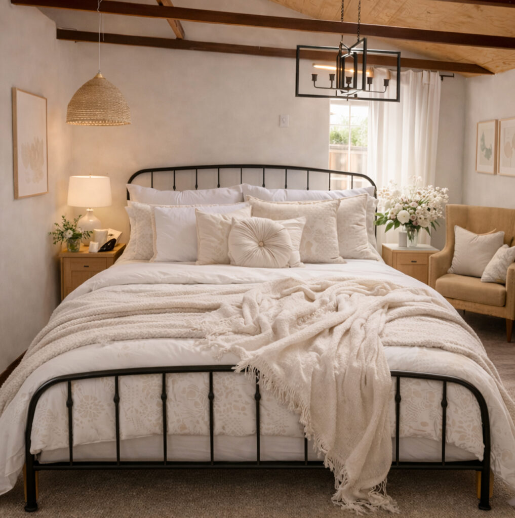 Cozy neutral-toned bedroom with floral accents

