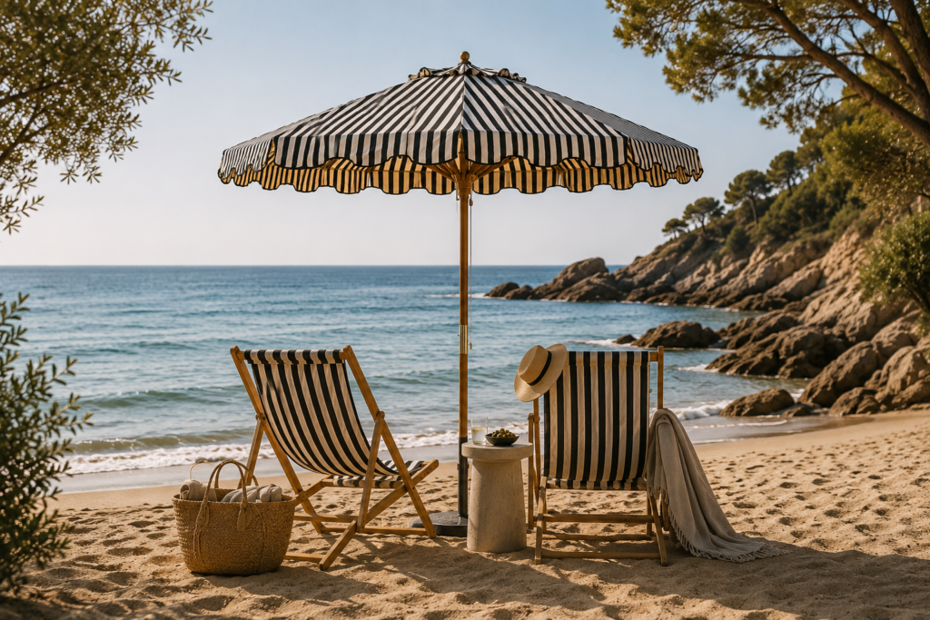 Coastal retreat under a striped umbrella
