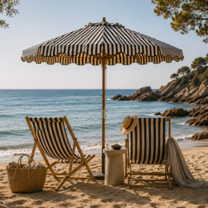 Coastal retreat under a striped umbrella