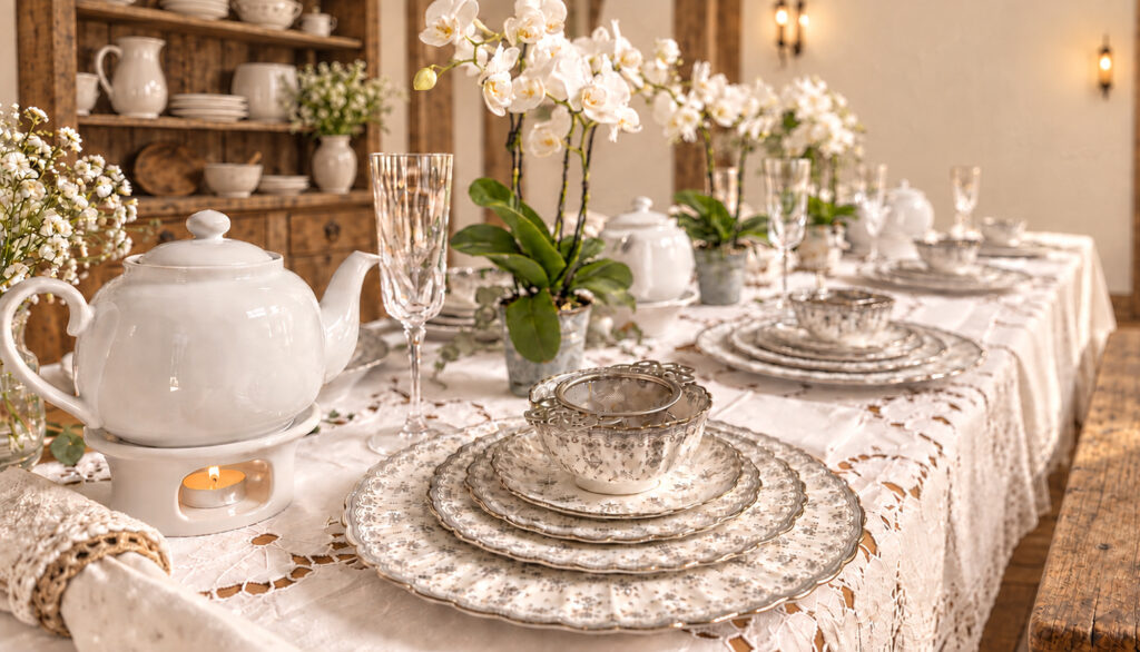A softly styled tea table inside Grange Garden’s Historic Cottage, featuring heirloom-inspired china, white orchids, lace linens, and a rustic bench beside our collected hutch. Lace-covered tea table with floral china, a white teapot, orchids, a rustic wooden hutch, and a long wooden bench inside the Historic Cottage.