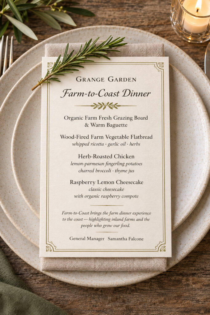 An elegant Farm-to-Coast Dinner menu by Grange Garden rests on layered artisan stoneware and natural linen, accented with fresh rosemary, olive branches, and warm candlelight. The rustic tablescape reflects Grange Garden’s relaxed coastal style and farm-inspired approach to intimate dinners and private events.