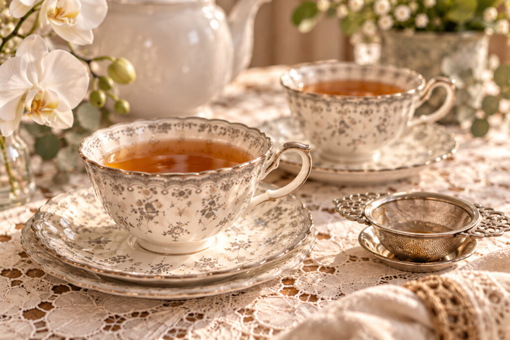 A close-up of freshly steeped tea served in heirloom-inspired floral china, set against lace linens, white orchids, and the welcoming warmth of Grange Garden’s Historic Cottage.

Two floral china teacups filled with amber tea on a lace-covered table beside a white teapot, orchid, and silver tea strainer.